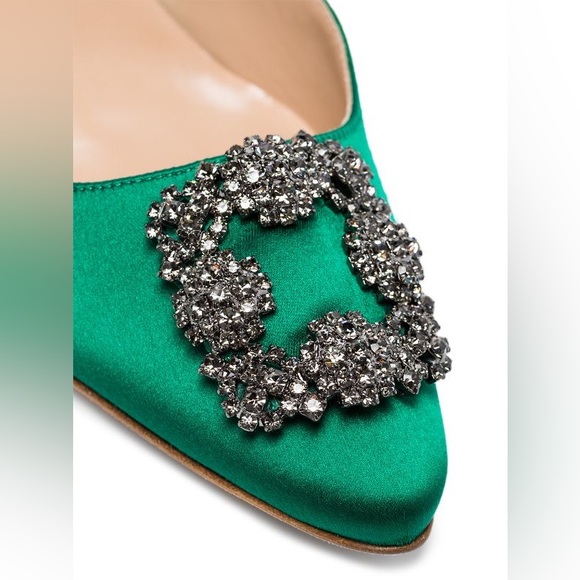 MANOLO BLAHNIK Hangisli Green Satin Jewel Buckle Slingback Pumps - Picture 4 of 12